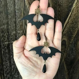 Faux Leather Glass Bead Black Bronze Bat Halloween Earrings NWT